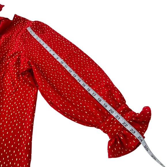 Emily Daniels Women Red Gold Polka Dot Blouse 2X Long Sleeve Ruffle Cuffs V-Neck - Picture 7 of 12